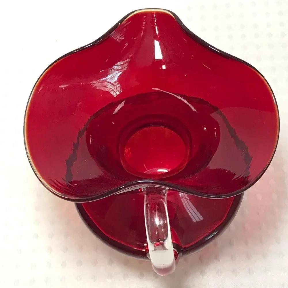Hand Blown Ruby Red Art Glass Fluted Pitcher Clear Applied Handle 5.5 Inches